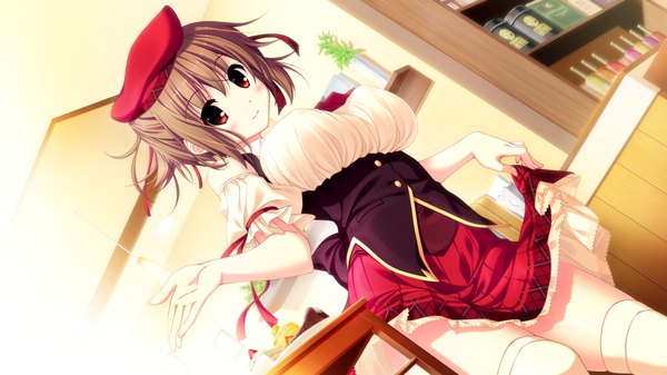Anime picture 1280x720 with love sweets ichinose yui single looking at viewer blush short hair light erotic red eyes brown hair wide image game cg girl thighhighs dress white thighhighs beret