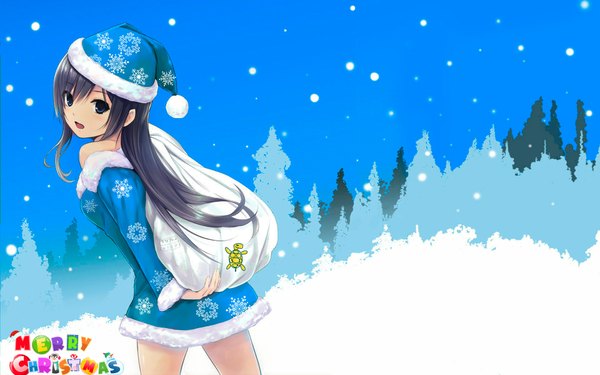 Anime picture 1920x1200 with original shiramine rika coffee-kizoku long hair highres open mouth blue eyes black hair smile bare shoulders sky :d looking back fur trim christmas snow merry christmas snowflake print girl plant (plants)