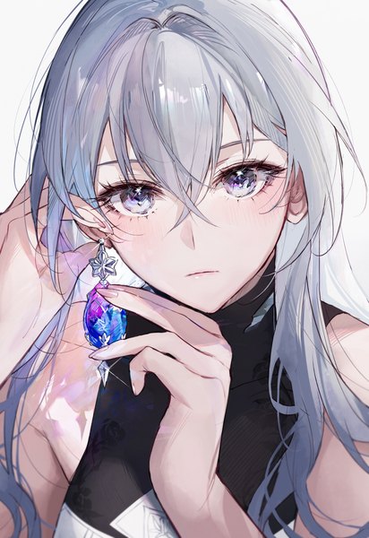 Anime picture 3464x5040 with honkai: star rail honkai (series) bronya rand qiandaiyiyu single long hair tall image looking at viewer fringe highres simple background hair between eyes white background bare shoulders absurdres silver hair upper body arms up silver eyes girl