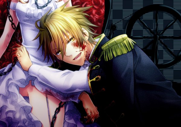 Anime picture 1200x849 with amnesia idea factory heroine (amnesia) toma (amnesia) looking at viewer short hair open mouth blonde hair smile sitting yellow eyes crossed legs girl dress boy uniform blood chain military uniform