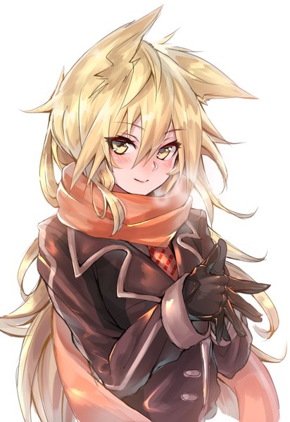 Anime picture 2328x3384 with original deluxe<<< single long hair tall image blush highres simple background blonde hair smile white background animal ears yellow eyes head tilt fox ears exhalation hands clasped girl gloves black gloves