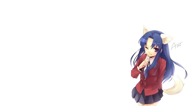 Anime picture 1366x768 with toradora j.c. staff kawashima ami tagme (artist) single long hair looking at viewer simple background wide image white background purple eyes animal ears blue hair tail animal tail pleated skirt one eye closed light smile wink inscription