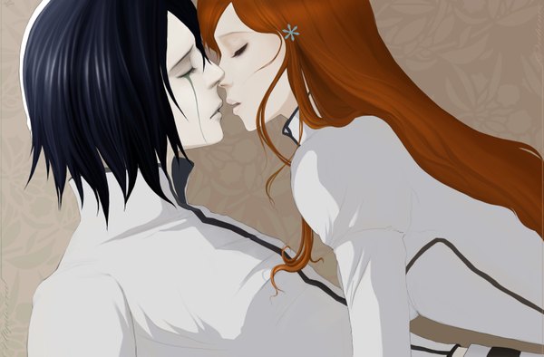 Anime picture 3192x2099 with bleach studio pierrot inoue orihime ulquiorra schiffer long hair highres short hair black hair simple background brown hair blue hair absurdres eyes closed profile orange hair couple reclining face to face face paint almost kiss