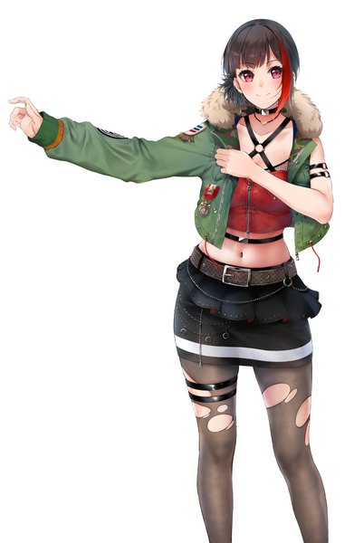 Anime picture 2977x4560 with bang dream! mitake ran khanka shui single tall image looking at viewer blush fringe highres short hair black hair simple background smile red eyes standing white background payot multicolored hair open jacket two-tone hair