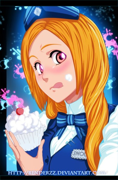 Anime picture 769x1168 with bleach studio pierrot inoue orihime benderzz single long hair tall image blush orange hair orange eyes coloring food on face girl food headdress tongue bowtie cream