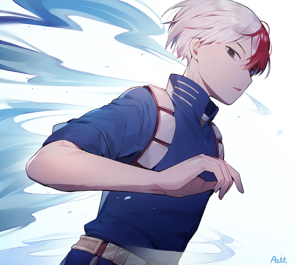 Anime picture 2000x1800 with boku no hero academia studio bones todoroki shouto azit (down) single looking at viewer fringe highres short hair hair between eyes white background signed upper body white hair red hair multicolored hair black eyes two-tone hair aura boy