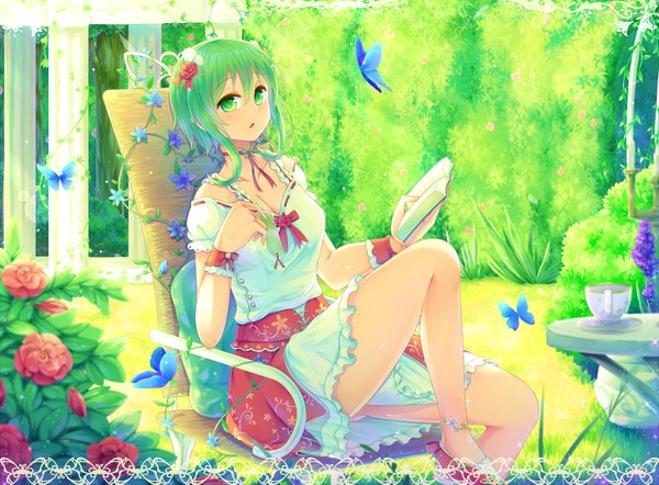 Anime picture 1500x1106 with vocaloid gumi sakakidani single blush short hair sitting green eyes green hair girl dress flower (flowers) petals book (books) insect butterfly