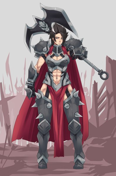 Anime picture 1654x2500 with league of legends darius (league of legends) exaxuxer single tall image looking at viewer short hair breasts blue eyes light erotic black hair standing white hair multicolored hair two-tone hair genderswap girl gloves navel weapon