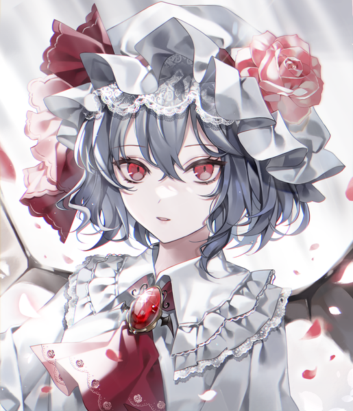 Anime picture 2894x3369 with touhou remilia scarlet hanaya (fleur) single tall image fringe highres short hair hair between eyes red eyes upper body grey hair portrait girl flower (flowers) hat petals rose (roses) bonnet lace