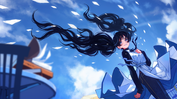 Anime-Bild 1920x1080 mit original kaneni single long hair highres blue eyes black hair smile wide image twintails sky cloud (clouds) wind grin girl dress white dress jeans