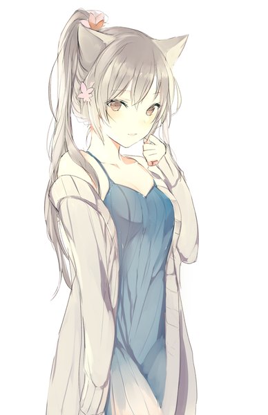 Anime picture 600x927 with original lpip single long hair tall image looking at viewer blush fringe open mouth simple background white background brown eyes animal ears ponytail long sleeves hair flower grey hair cat ears open clothes cat girl