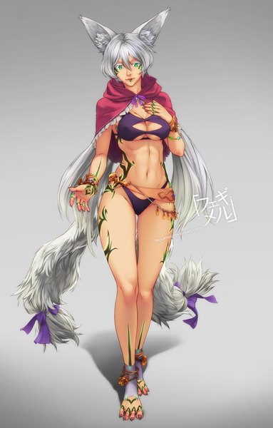 Anime-Bild 800x1252 mit original feguimel single long hair tall image looking at viewer fringe breasts light erotic simple background standing green eyes animal ears silver hair tail nail polish animal tail fingernails lips grey background