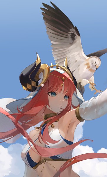 Anime picture 2585x4271 with genshin impact nilou (genshin impact) nadesiko97 single long hair tall image fringe highres breasts light erotic twintails looking away sky cloud (clouds) upper body red hair blunt bangs long sleeves horn (horns) aqua eyes
