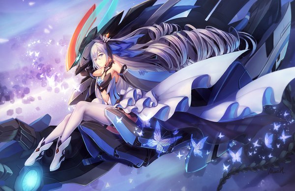 Anime picture 1280x830 with honkai (series) bronya zaychik bronya zaychik (herrscher of reason) project bunny ulquiorra0 single looking at viewer fringe hair between eyes bare shoulders signed silver hair full body very long hair light smile drill hair silver eyes center opening girl thighhighs