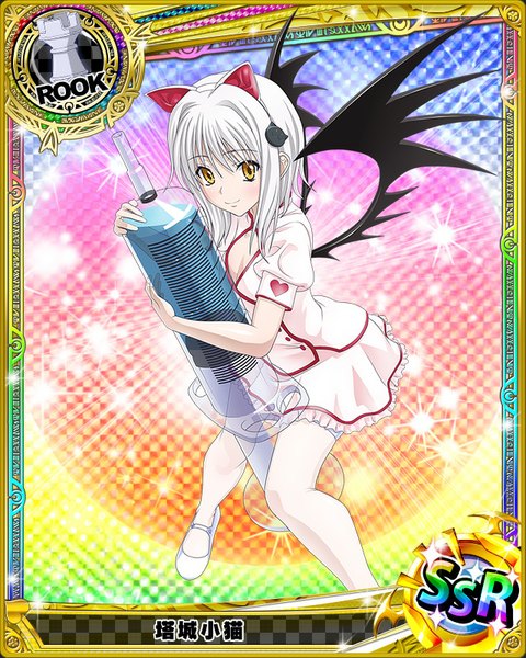 Anime picture 640x800 with highschool dxd toujou koneko single tall image looking at viewer short hair animal ears yellow eyes white hair cat ears loli card (medium) nurse girl thighhighs uniform white thighhighs wings syringe