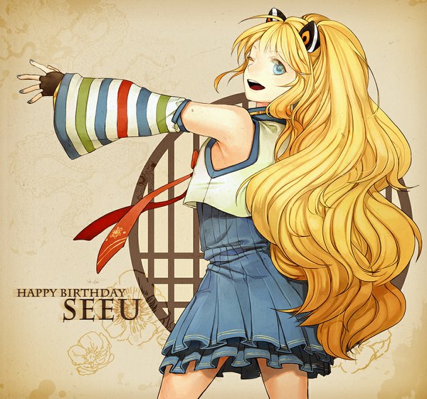 Anime picture 1000x936 with vocaloid seeu naguri single long hair looking at viewer fringe open mouth blue eyes blonde hair smile standing animal ears nail polish one eye closed looking back wink inscription teeth striped
