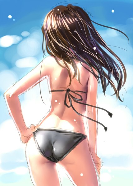 Anime picture 642x900 with original katahira masashi single long hair tall image light erotic black hair bare shoulders sky ass wind from behind sunlight shiny skin back sketch girl