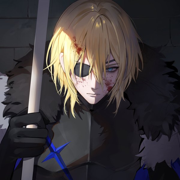 Anime picture 1965x1965 with fire emblem fire emblem: three houses nintendo dimitri alexandre blaiddyd jeokgwang single looking at viewer fringe highres short hair blue eyes blonde hair hair between eyes holding upper body blood on face against wall brick wall boy gloves