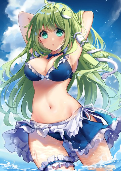 Anime picture 1200x1694 with touhou kochiya sanae kisaragi yuri single long hair tall image looking at viewer blush fringe breasts open mouth light erotic hair between eyes large breasts standing green eyes sky cleavage cloud (clouds) ahoge