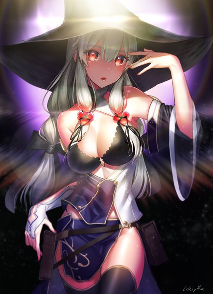 Anime picture 2567x3541 with original celeryma single long hair tall image looking at viewer blush fringe highres breasts open mouth light erotic hair between eyes red eyes twintails signed cleavage silver hair low twintails light