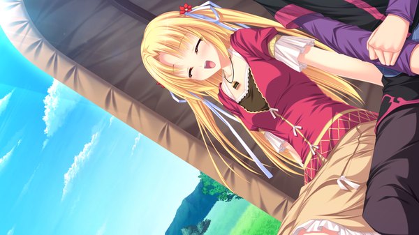 Anime picture 1920x1080 with ryuuyoku no melodia carlyle mel tenmaso long hair blush highres open mouth blonde hair smile wide image game cg eyes closed girl dress ribbon (ribbons) hair ribbon