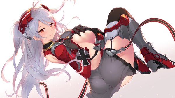 Anime picture 1920x1080 with azur lane prinz eugen (azur lane) cait single long hair looking at viewer highres breasts light erotic simple background red eyes wide image large breasts silver hair bent knee (knees) ass long sleeves multicolored hair mole two-tone hair