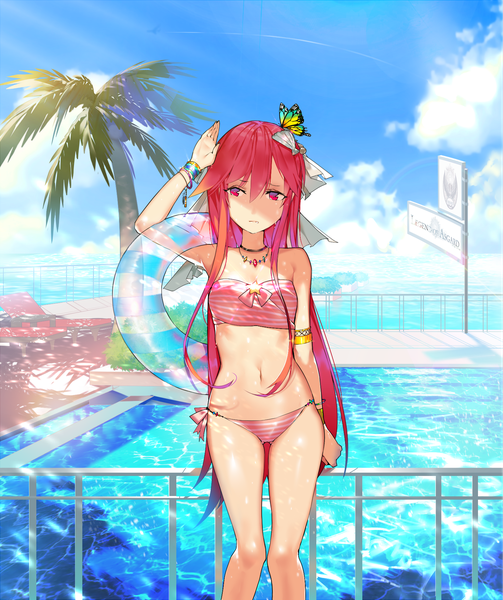 Anime picture 1509x1800 with original ajahweea single long hair tall image fringe light erotic hair between eyes red eyes standing holding payot looking away sky cloud (clouds) red hair arm up sunlight shadow thigh gap