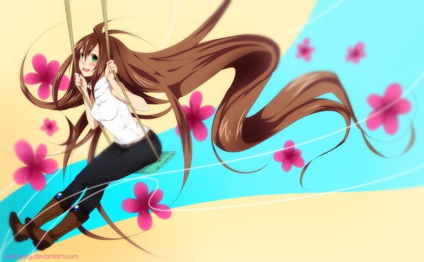 Anime picture 4029x2496 with original mahel (original) aetheory single blush highres breasts open mouth brown hair wide image sitting green eyes absurdres very long hair happy girl flower (flowers) boots swing