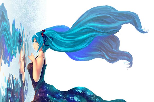Anime picture 1000x667 with vocaloid hatsune miku x&x&x single white background twintails very long hair profile aqua eyes aqua hair wavy hair girl dress water sundress bubble (bubbles)