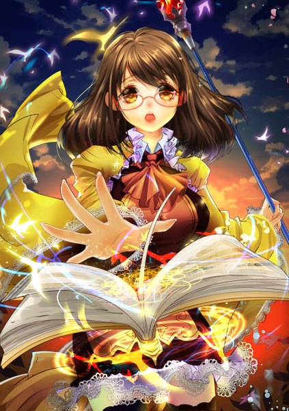 Anime picture 1748x2480 with original soucl single long hair tall image looking at viewer blush highres open mouth black hair brown eyes magic girl dress glasses book (books) staff