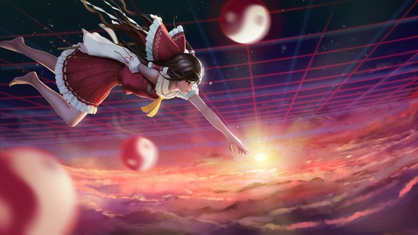 Anime picture 3600x2025 with touhou hakurei reimu sarena single long hair highres brown hair wide image brown eyes absurdres cloud (clouds) profile looking back barefoot sunlight outstretched hand sunbeam falling yin yang girl