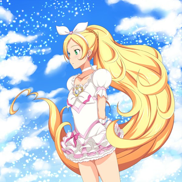 Anime picture 1100x1100 with precure yes! precure 5 toei animation minamino kanade kani get (artist) single long hair blonde hair green eyes sky cloud (clouds) girl dress earrings