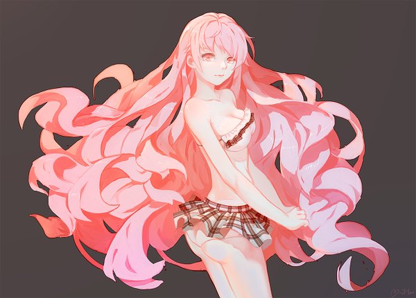 Anime picture 1253x900 with original minhoo single long hair looking at viewer fringe breasts light erotic simple background standing bare shoulders pink hair ass pleated skirt pink eyes multicolored hair light smile grey background bare belly bare legs