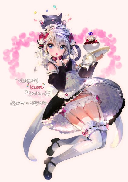 Anime picture 3001x4268 with qurare: magic library crab d single tall image blush fringe highres short hair breasts blue eyes light erotic absurdres cleavage bent knee (knees) white hair scan maid finger to mouth frilled panties animal on head