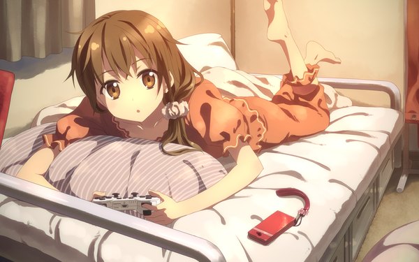 Anime picture 2560x1600 with original yuuki tatsuya single long hair looking at viewer highres brown hair wide image brown eyes lying girl pillow bed pajamas phone