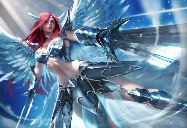 Anime picture 4000x2737 with fairy tail erza scarlet sakimichan single long hair fringe highres breasts light erotic hair between eyes large breasts standing holding brown eyes looking away absurdres cleavage red hair wind lips