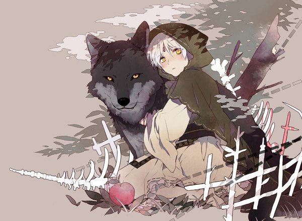 Anime picture 1121x822 with magi the labyrinth of magic a-1 pictures ja'far (magi) tenzuki blush short hair yellow eyes looking away white hair skeleton boy animal hood cape fruit apple wolf arabian clothes