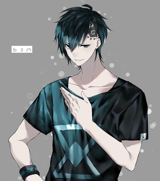 Anime picture 3468x3930 with original yukishima bema single tall image looking at viewer fringe highres short hair blue eyes black hair simple background smile hair between eyes absurdres upper body inscription grey background shadow tattoo hand on hip