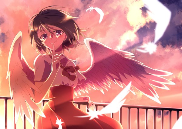 Anime picture 1754x1240 with original mizumori mike looking at viewer blush highres short hair blue eyes black hair smile sky cloud (clouds) finger to mouth girl dress wings feather (feathers)