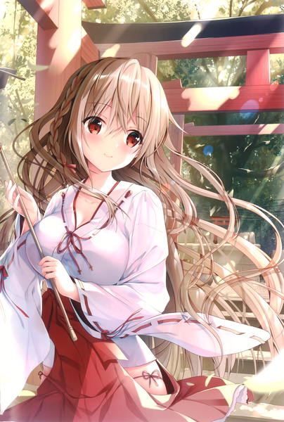 Anime picture 1939x2879 with twinbox school original maeda shiori sousouman single long hair tall image blush fringe highres breasts light erotic smile hair between eyes red eyes brown hair large breasts standing holding looking away