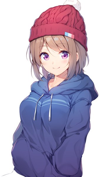 Anime picture 1662x2712 with original nijihashi sora single tall image looking at viewer blush fringe short hair breasts simple background smile hair between eyes brown hair standing white background purple eyes hands in pockets flag print girl hood