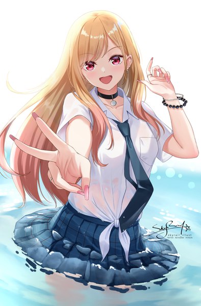 Anime picture 986x1500 with sono bisque doll wa koi wo suru cloverworks kitagawa marin skyrail (skynetrailgun) single long hair tall image looking at viewer open mouth blonde hair signed nail polish :d pleated skirt pink eyes fingernails partially submerged victory wet clothes long fingernails