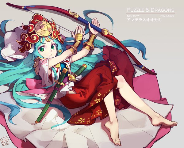 Anime picture 1600x1288 with puzzle & dragons amaterasu (p&d) tennohi single long hair looking at viewer open mouth green eyes signed lying long sleeves traditional clothes japanese clothes barefoot aqua hair copyright name character names on side sheathed girl