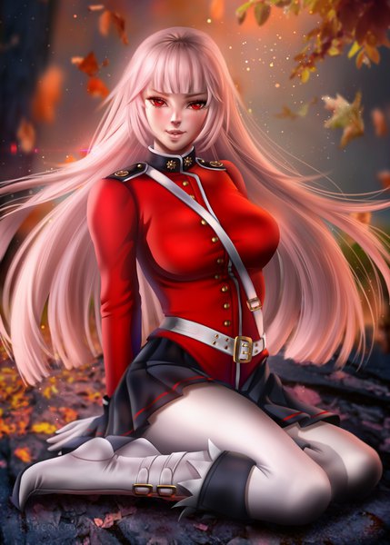 Anime picture 2857x4000 with fate (series) fate/grand order florence nightingale (fate) ayyasap single long hair tall image looking at viewer blush fringe highres breasts red eyes large breasts sitting signed payot pink hair full body bent knee (knees)