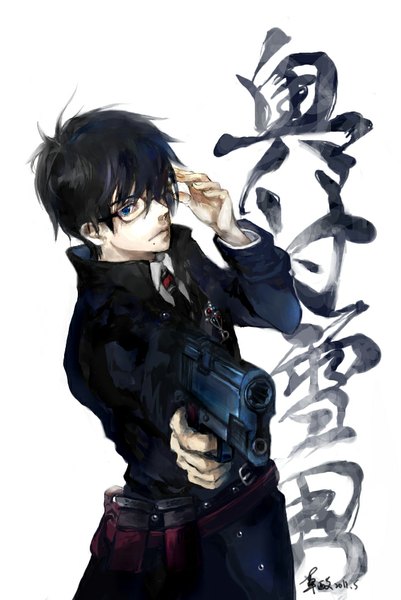 Anime picture 670x1002 with ao no exorcist a-1 pictures okumura yukio oxalicacid (artist) single tall image looking at viewer fringe short hair blue eyes black hair white background signed hair over one eye mole hieroglyph adjusting glasses boy weapon glasses