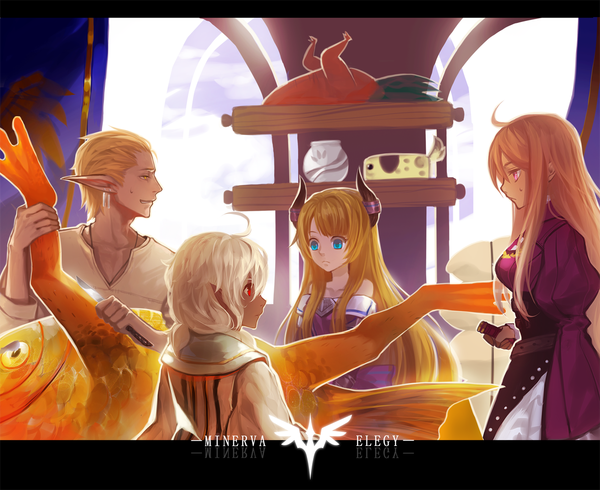 Anime picture 1223x1000 with original pixiv fantasia pixiv fantasia new world devil hun long hair short hair blue eyes blonde hair red eyes bare shoulders yellow eyes white hair profile pink eyes horn (horns) pointy ears orange hair inscription group girl