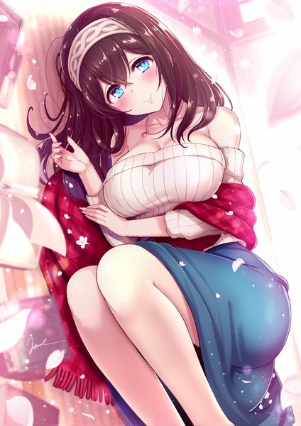Anime picture 1200x1697 with idolmaster idolmaster cinderella girls sagisawa fumika jewel (the black canvas) single long hair tall image looking at viewer blush fringe breasts blue eyes smile hair between eyes large breasts bare shoulders signed bent knee (knees) indoors lying
