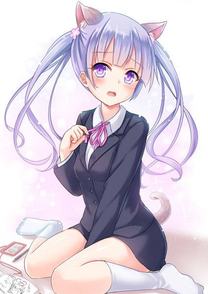 Anime-Bild 723x1023 mit new game! doga kobo suzukaze aoba shimokirin single long hair tall image blush open mouth simple background white background sitting purple eyes twintails animal ears looking away purple hair tail animal tail cat ears