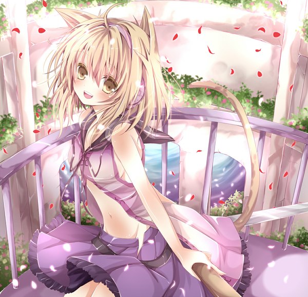 Anime picture 1175x1135 with touhou toyosatomimi no miko nanase nao blush short hair open mouth blonde hair bare shoulders animal ears yellow eyes cat ears cat tail girl dress skirt navel flower (flowers) miniskirt petals headphones