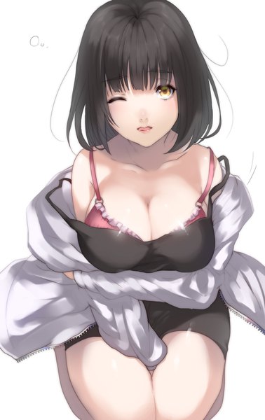 Anime picture 1200x1900 with original taya (pixiv) single long hair tall image looking at viewer breasts light erotic black hair large breasts white background yellow eyes cleavage one eye closed girl